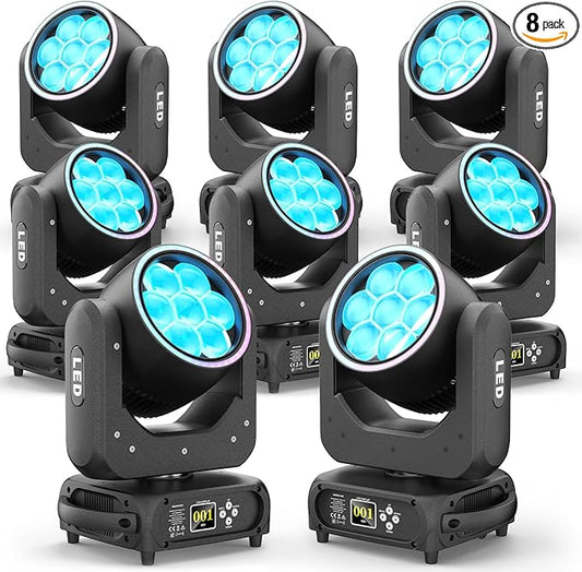 8PCS Moving Head Light 7x40W LED with Wash Beam Vortex Kaleidoscope Effect RGBW 4 in 1Color Bee Eye Focus DJ Light by DMX and Sound Activated Control for Concert Hall Theater Stage Lighting Effect