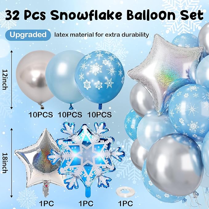 Winter Snowflake Balloons, 12 Pearl Light Baby Blue Silver Latex Balloons with Star Snowflake Foil Balloon for Winter Wonderland Christmas Baby Its Cold Outside Shower Birthday Party Decorations