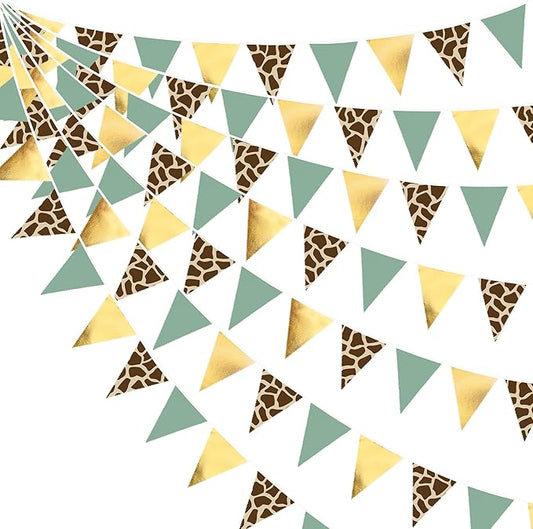 32Ft Jungle Safri Party Decorations Gold Sage Green Giraffe Printed Triangle Flag Fabric Banner Pennant Bunting Garland Streamer for Wild Animal Woodland Giraffe Birthday Baby Shower Party Decor