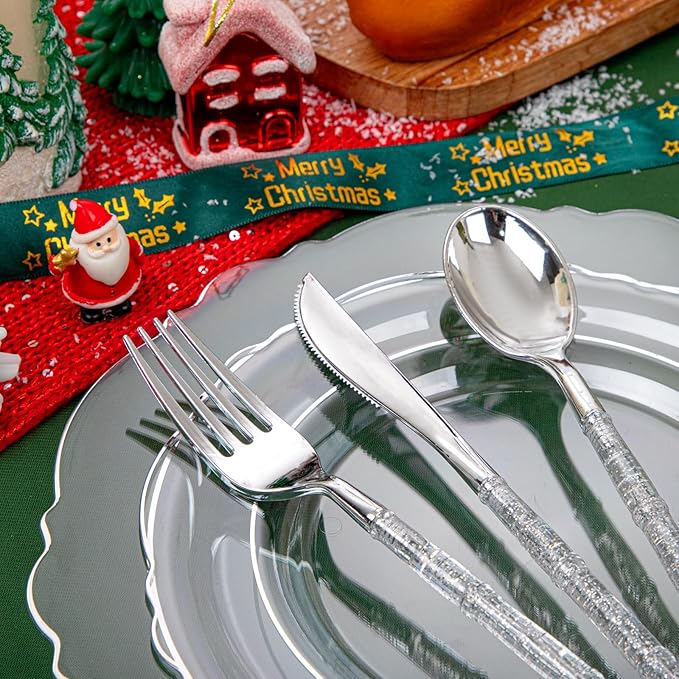 Liacere 150PCS Clear Silver Plastic Plates & Disposable Silver Plastic Silverware with Glitter Bamboo Handle Cutlery-Baroque Clear Disposable Plates for Wedding & Easter day & Mother's Day