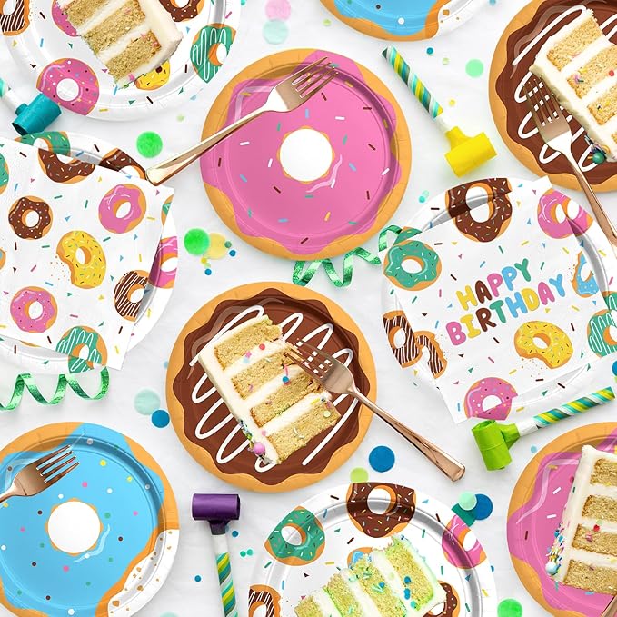 Donut Party Supplies Kit for 24 - Sweet 1st Birthday, Two Sweet and Donut Grow Up Birthday Themes | Includes Plates, Napkins, Cups, Tablecloth & Banner for Donut Party Decorations & Favors