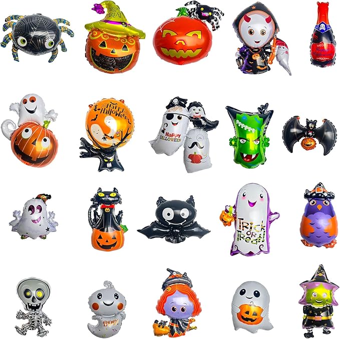 20Pcs Halloween Party Balloons, Ghost Pumpkin Black Bat Spider Witch Wizard Black Cat Monster Balloons for Halloween Theme Party Decorations Supplies