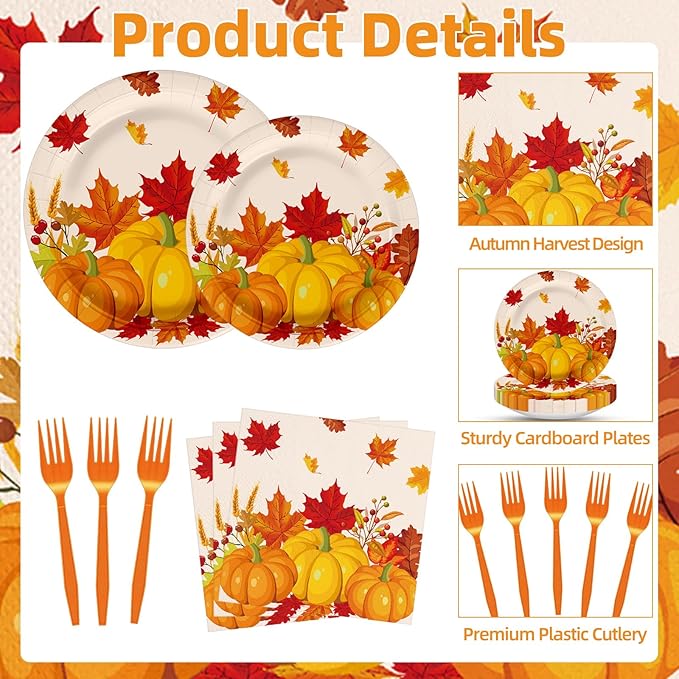 100 Pcs Fall Pumpkin Maple Tableware Party Supplies Set, Serves 25 – Disposable Autumn Harvest Paper Plates, Napkins, and Forks, Thanksgiving Day Dinnerware for Friendsgiving Gatherings Decorations