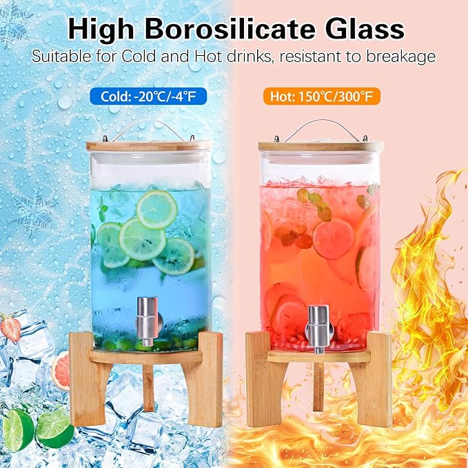 1.2 Gallon Large Glass Drink Dispenser For Parties, Beverage Dispenser with Bamboo Wood Stand and Stainless Steel Spigot, Juice, Lemonade, Water jug dispenser, Laundry Detergent Dispenser (1 PACK)