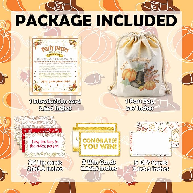 Thanksgiving Turkey Pass The Bag Game - 44 Fun Game Cards & 1 Pumpkin Canvas Bag - Thanksgiving Games for Friends Family, Holiday Gatherings - Fall Harvest Activity, Office & Home Party Supplies - A02