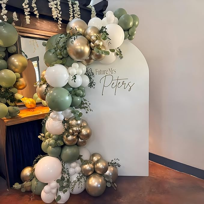 Sage Green and Gold Balloons, 12 Inch Olive Green White Metallic Gold Confetti Latex Balloons Set, Retro Green Gold Balloons for Girls Women Birthday Wedding Jungle Baby Shower Party Decorations