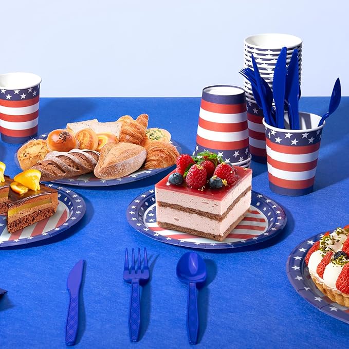 American Flag Themed Party Decorations, 170 Pcs Patriotic Party Decorations Including Banner, Plates, Cups, Napkins, Cutlery, Straws and Tablecloths, Serves 24