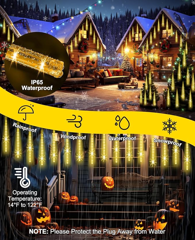 Christmas Lights Outdoor,16 Inch 20 Tubes Meteor Shower Light Falling Rain Drop String Lighting Icicle Snow Cascading Xmas String Decor for Tree Wedding Party Garden Holiday Decoration,Warm White