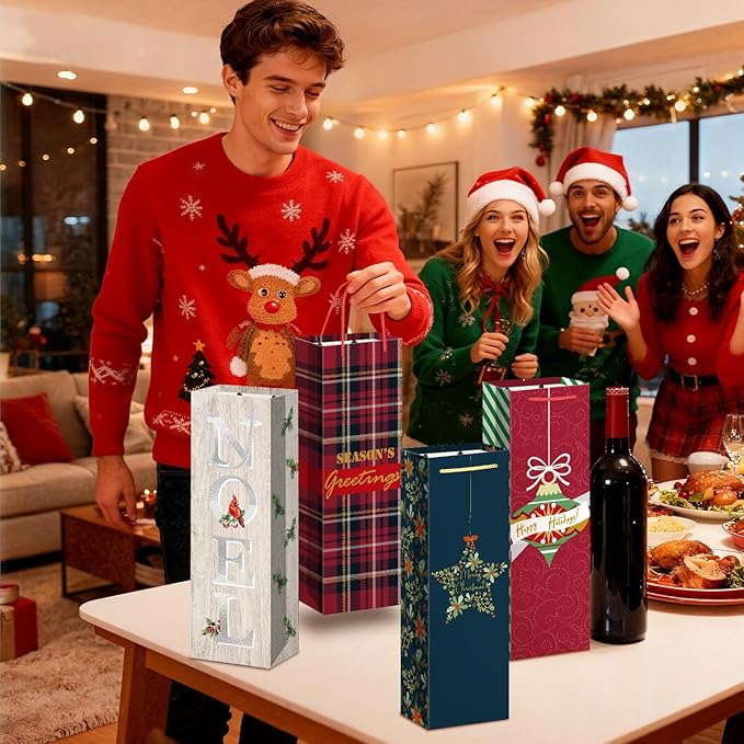 Xylitic 12 Pack Christmas Wine Bags Bulk with Handles, Holiday Wine Gift Bags for Bottles, Birthday Xmas Party Supplies, Drinkers Present (4.7” x 3.5” x 14”)