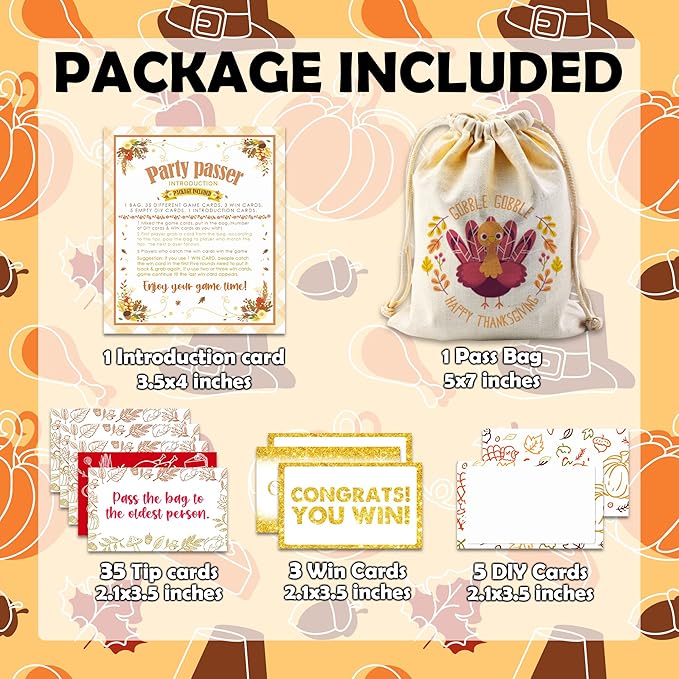 Thanksgiving Turkey Pass The Bag Game - 44 Game Cards & Gobble Turkey Canvas Bag - Thanksgiving Party Games for Adults & Teens, Office & Family Activity - Fall Harvest Party Decor & Supplies - A05