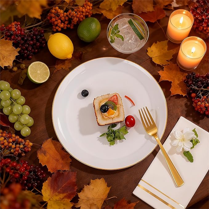 Festiva 350Pcs Gold Plastic Plates - White and Gold Dinnerware Set Disposable include 10" & 7" Plates,Cups,Silverware,Napkins -serve 50 Guests Perfect for Wedding& Chritmas &Thanksgiving Party