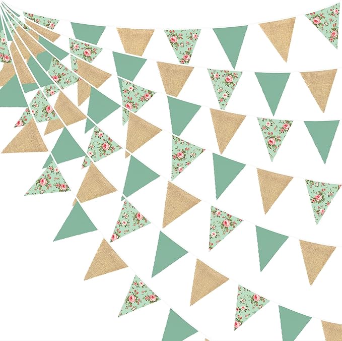 32Ft Flora Party Decorations Sage Green Wildflower Burlap Flora Fabric Banner Triangle Flag Pennant Garland Streamer for Tea Party Vintage Birthday Wedding Baby Shower Mother's Day Engagement Decor