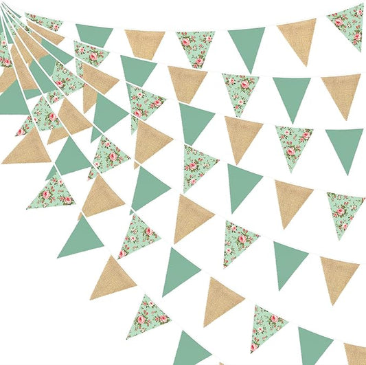32Ft Flora Party Decorations Sage Green Wildflower Burlap Flora Fabric Banner Triangle Flag Pennant Garland Streamer for Tea Party Vintage Birthday Wedding Baby Shower Mother's Day Engagement Decor