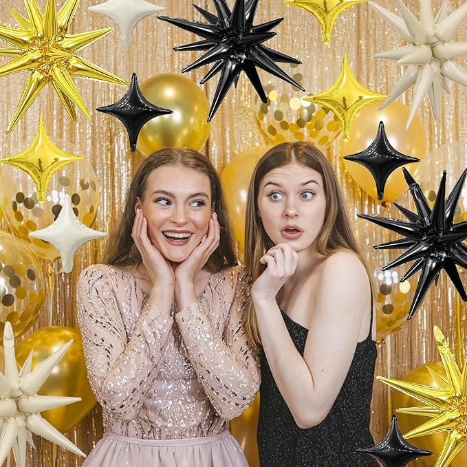 Black White Gold Star Balloon,Sand White Gold 6Pcs 22Inch Explosion Star Balloons and 10Pcs 10Inch Four Angle Balloons Kit for Birthday Anniversary Baby Shower Wedding Party Decorations