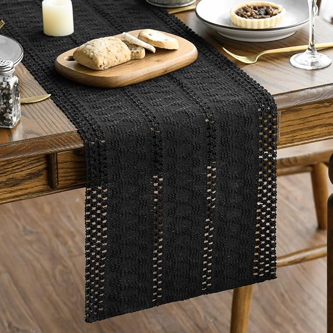 Artoid Mode Black Farmhouse Woven Rustic Hollow Table Runner, Seasonal Holiday Hollow Kitchen Dining Table Decoration for Home Party Decor 12x90 Inch