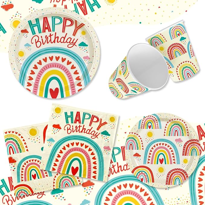 Retro Rainbow Themed Happy Birthday Party Supplies Set - Vibrant Disposable Paper Plates, Cups, Napkins, Tablecloth & Birthday Banner - Fun & Colorful Design for Boys/Girls - For 25 Guests