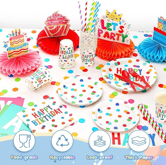 Happy Birthday Decorations- 170pcs Birthday Party Supplies Kit with Colorful Honeycomb Centerpieces for Tables, Banner, Backdrop Cloth, Disposable Tableware Kit for Boys Girls, Serves 20