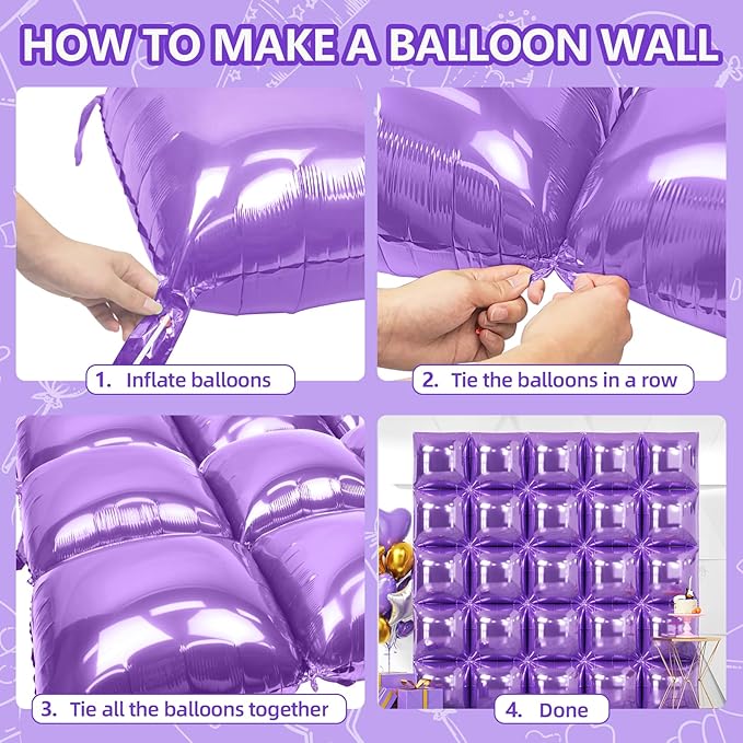 NISOCY 25PCS Purple Square Foil Balloons Wall Backdrop Double Sided Light Purple Balloons Tunnel Arch Kit for Baby Shower Birthday Wedding Easter Party Decoration