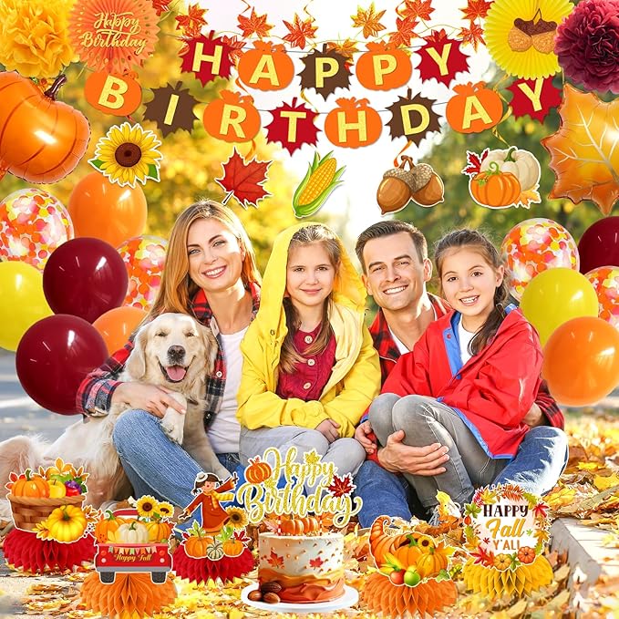 Fall Decorations Fall Birthday Party Decorations Include Autumn Backdrop Banner Cake Topper Honeycomb Pumpkin Balloon for Thanksgiving Birthday Decorations