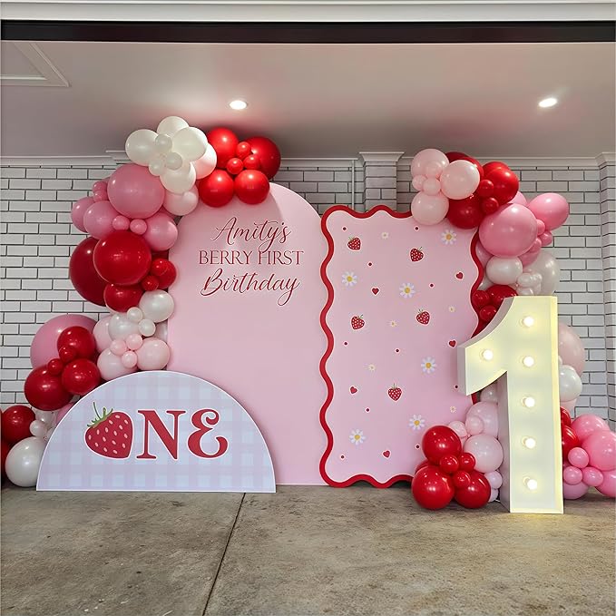 Strawberry Balloon Arch Garland Kit, Red and Hot Pink Balloons with Strawberry Printed and Green Long Latex Balloons for Girls Sweet One Berry First Birthday Baby Shower Princess Decoration Supplies