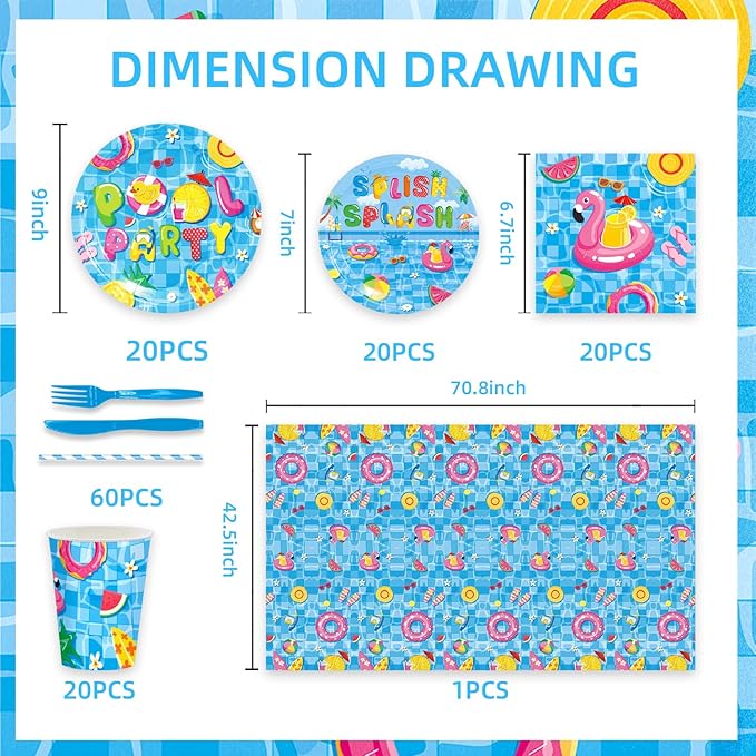 141Pcs Pool Party Decorations for 20 Guests - Summer Beach Birthday Party Plates and Napkins Forks Knives Straws for Baby Shower Swimming Pool Summer Birthday Decorations