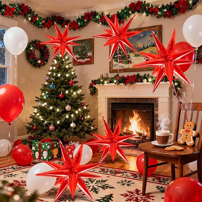 Red Star Foil Balloons Explosion 12 Point Spike Baloons Large Mylar Balloon Party Decorations Backdrops for Christmas Wedding Anniversary Bachelorette Engagement Birthday Valentine's Day