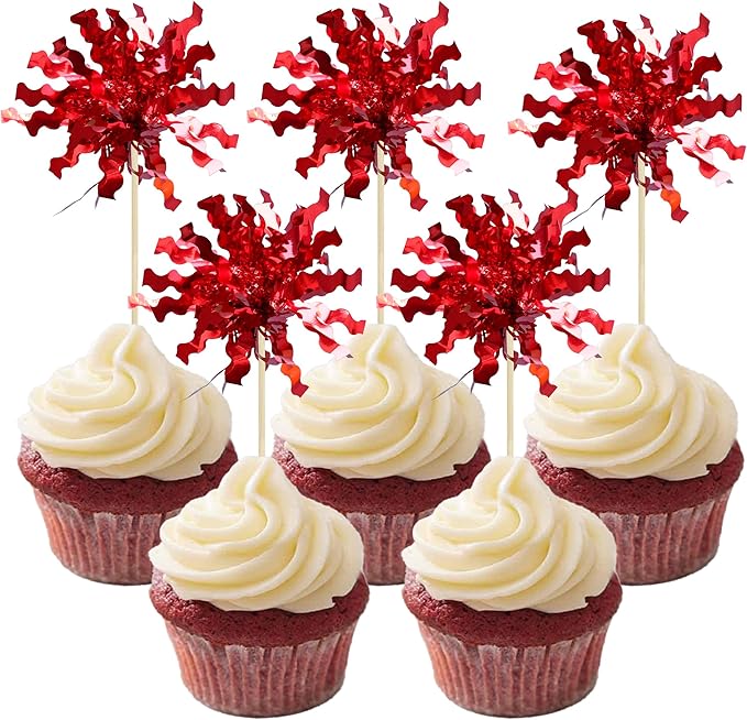Gyufise 30Pcs Foil Firework Cupcake Toppers Sparkle Tinsel Cake Toppers Tinsel Drink Cake Decoration Cocktail Picks for Birthday Wedding Graduation Party Supplies Red