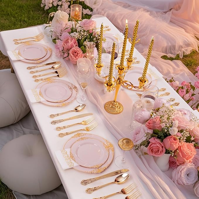Ciaell 300PCS Pink and Gold Plastic Plates - Pink Disposable Dinnerware Sets for 50 Guests - 100 Plates, 50 Knives, 50 Forks, 50 Spoons, and 50 Napkins for Wedding, Anniversary and Party