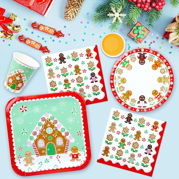 100 Christmas Party Paper Plates Napkins and Cups Set Gingerbread Disposable Dinnerware Set