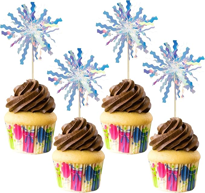 Gyufise 30Pcs Foil Firework Cupcake Toppers Happy Birthday Cake Toppers Tinsel Flower Drink Stirrers Cocktail Food Fruit Toothpicks for Valentine's Day Party Birthday Wedding Supplies Laser Silver