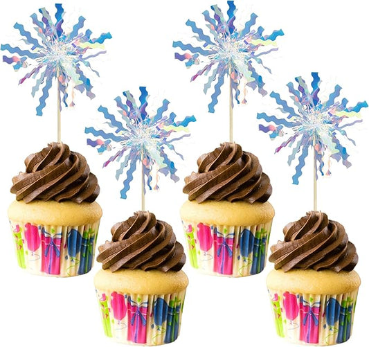 Gyufise 30Pcs Foil Firework Cupcake Toppers Happy Birthday Cake Toppers Tinsel Flower Drink Stirrers Cocktail Food Fruit Toothpicks for Valentine's Day Party Birthday Wedding Supplies Laser Silver