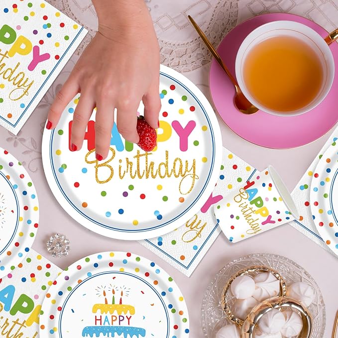 140pcs Happy Birthday Party Supplies Set with Colorful Polka Dots Design- Includes Disposable Paper Birthday Plates and Napkins, Cups,Dots Party Supplies Serves 20 Guests