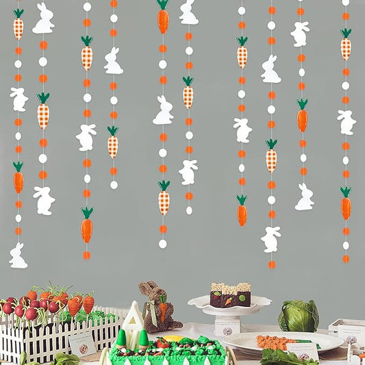 Pinkblume Easter Party Decorations - Bunny Carrot Circle Dot Garland Streamer Hanging Paper Buffalo Plaid Carrot Polka Dot Rabbit Banner for Spring Day Party Supplies
