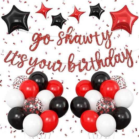Red Go Shawty It's Your Birthday Banner Balloons Set, Glitter Happy Birthday Banner with Black Red White Confetti Balloon Star Foil Balloon for Girls Women Hip Hop Rap Theme Birthday Party Decorations