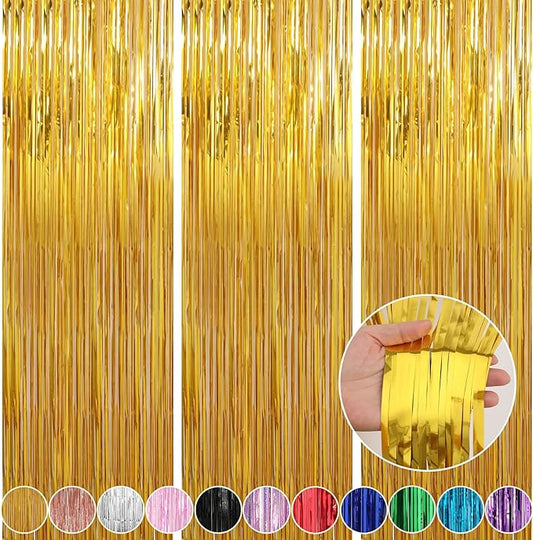 Crosize 3 Pack 3.3 x 9.9 ft Gold Foil Fringe Glitter Curtains Party Decorations, Tinsel Backdrop for Parties, Door Streamers for Birthday, Photo Booth Backdrops, Party Decor
