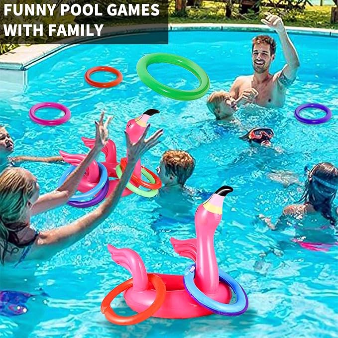 Camlinbo 15 Pcs Inflatable Flamingo Pool Toys Ring Toss Pool Game, Flamingos Luau Party Decor Hawaiian Beach Toys Carnival Outdoor Luau Party Games Supplies for Adults Family