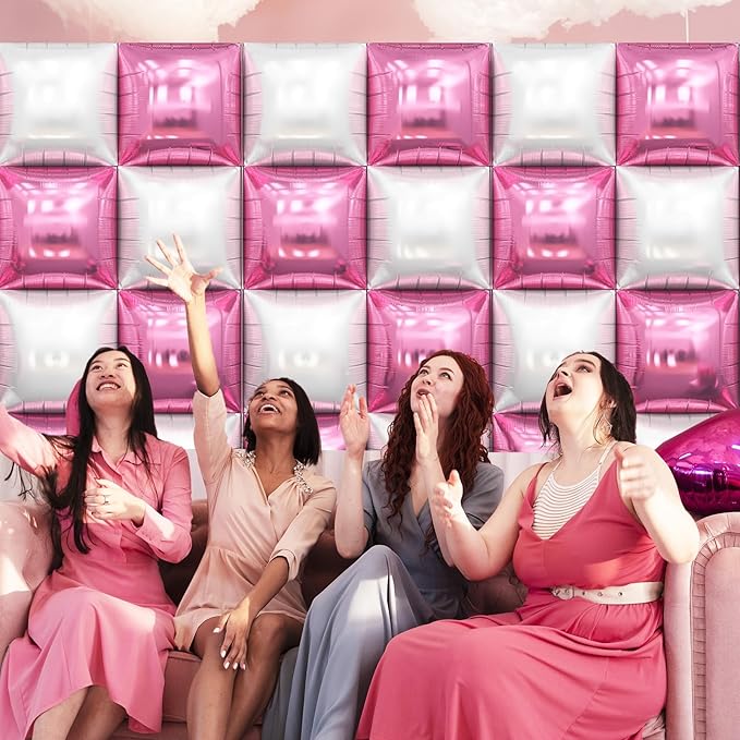 Pink and White Square Balloon, 20 PCS Double Sided Foil Balloons Wall Flat Square Balloon Backdrop for Girls Coquette Birthday Decoration Bridal Baby Shower Party Decoration