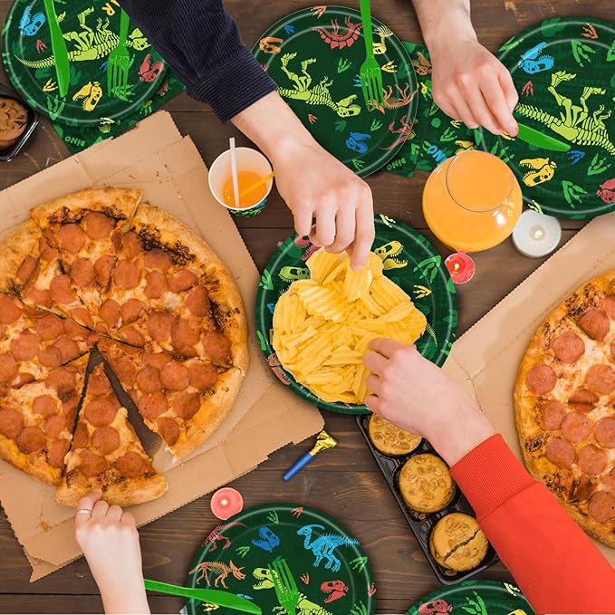 140pcs Dinosaur Birthday Party Supplies, Disposable Tableware Set with Plates, Cups, Napkins, and Cutlery Sets for Dinosaur Themes Party Serves 20
