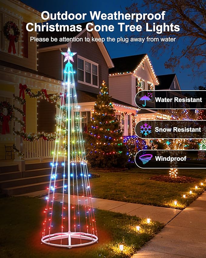 Brightown Smart Christmas Cone Tree LED Light, 8FT 191 LED Music Sync with Remote APP and Local Control, Pattern and Text Displayable, 16 Million Colors Light Show Tree for Indoor Outdoor Decorations