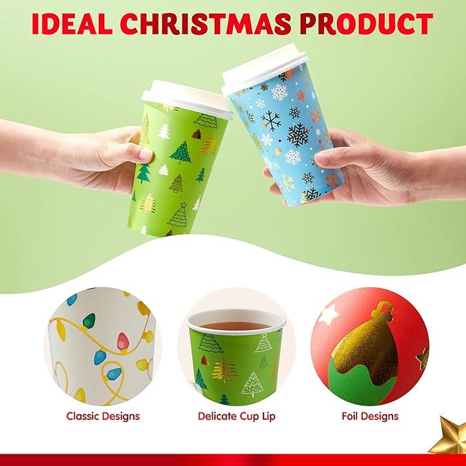 JOYIN 24 PCS Christmas Disposable Paper Cups, 16 oz Merry Christmas Party Cups With Cup Sleeves and Lids, 4 Designs Xmas Drinkware Winter Drink Cups, Tableware Holiday Supplies Decoration