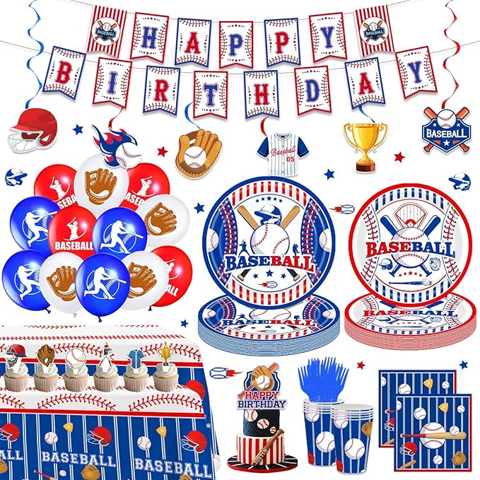 161PCS Baseball Birthday Party Decorations, Baseball Party Supplies Plates and Napkins Set, Tableware,Banner, Hanging Swirls, Tablecloth, Cake Cupcake Topper, Ballons