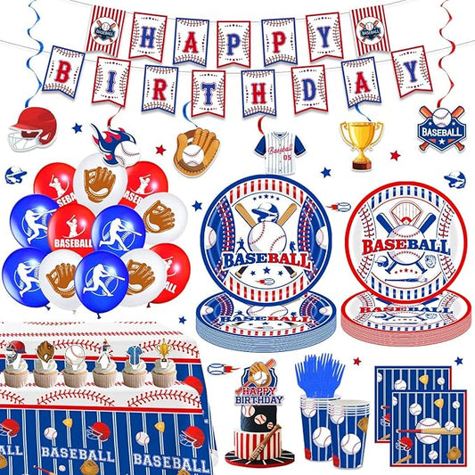 161PCS Baseball Birthday Party Decorations, Baseball Party Supplies Plates and Napkins Set, Tableware,Banner, Hanging Swirls, Tablecloth, Cake Cupcake Topper, Ballons