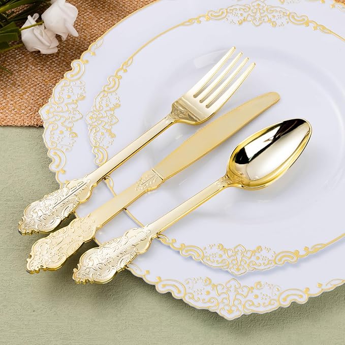 100 Pack Gold Plastic Silverware with Pre Rolled Napkins for 100 Guests, Heavyweight Gold Disposable Utensils Sets Includes 300 Plastic Cutlery, and 100 Napkins for Party & Wedding