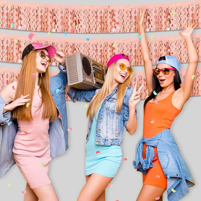 6 Pack 10 Feet Rose Gold Wave Foil Fringe Garland Metallic Tinsel Streamers Banner Wall Hanging Curtain Backdrop for Parade Floats, Mother's Day, Easter, Wedding, Birthday Party Decoration