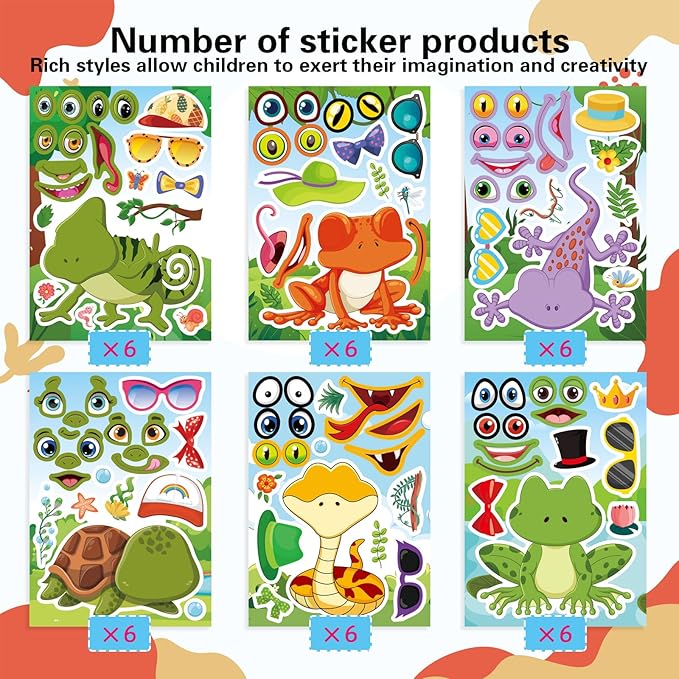 36 PCS Make a face Sticker for Kids Toddlers, Make Your Own Reptile Animal Mix and Match Sticker with Snakes, Lizards, Frogs, Turtles, Kids Party Favor Craft Supplies