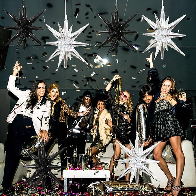 6PCS Silver Black Star Balloons, 22Inch Large Star Balloon Foil Balloons Spike Cone Balloon for Birthday Anniversary New Years Party Decorations