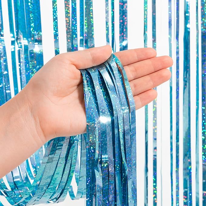 BRAVESHINE Pink Blue Tinsel Foil Fringe Curtains - 2Pcs 3.2x8.2ft Holidays Photo Streamers Backdrop for Christmas/Mermaid/Princess/Easter/Girl or Boy Birthdays/Bridal Shower Party Supplies Decorations