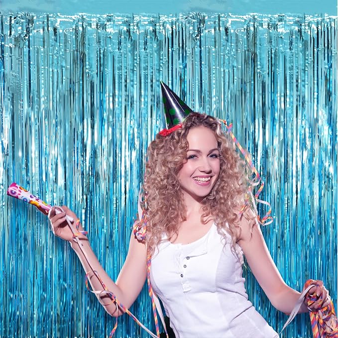 2 Pack Light Blue Tinsel Foil Fringe Curtains, Blue Party Decorations, Metallic Tinsel Party Streamers Backdrop for Birthday Baby Shower Graduation Wedding Anniversary Party Decorations