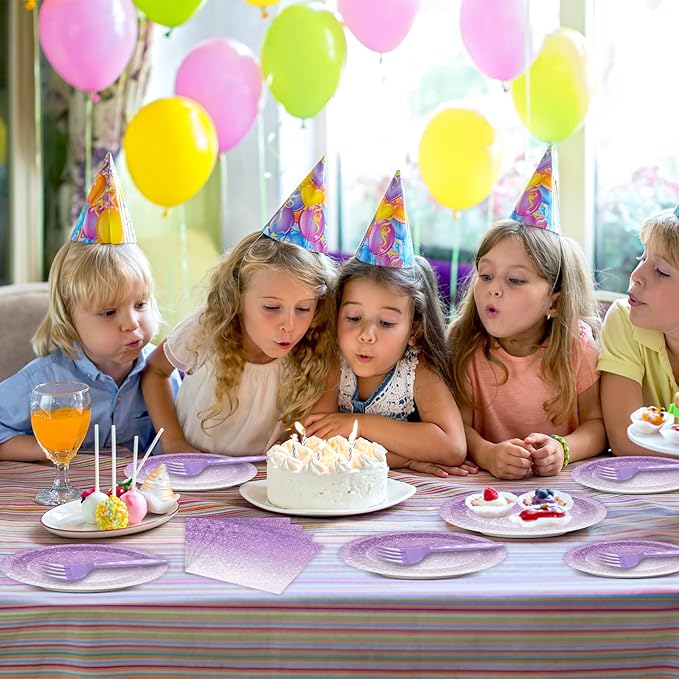 96 Pcs Gradient Pastel Purple Party Supplies Set for 24 Guests - Tableware Plates, Dinnerware, Table Decorations, Sprinkle Wedding & Birthday Party Favors