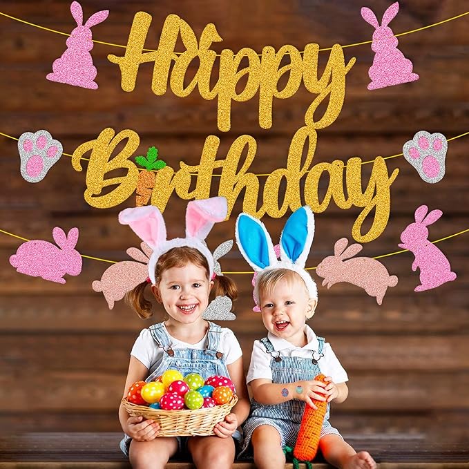 Bunny Birthday Banner Rabbit Bday Party Decorations Bunny Paw Ears Carrot Easter's Day Theme for Kids Boy Girl Baby Shower Party Supplies (Gold)